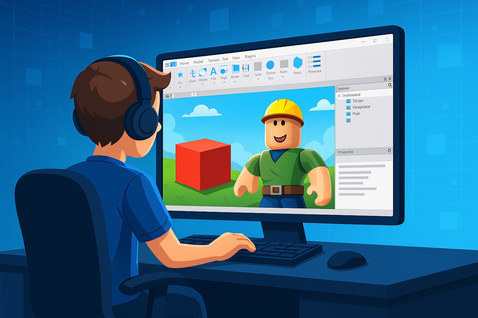 تصویر محیط Roblox Studio روی مانیتور همراه با شخصیت روبلاکس در حال طراحی بازی؛ نماد آموزش ساخت بازی روبلاکس برای مبتدی‌ها